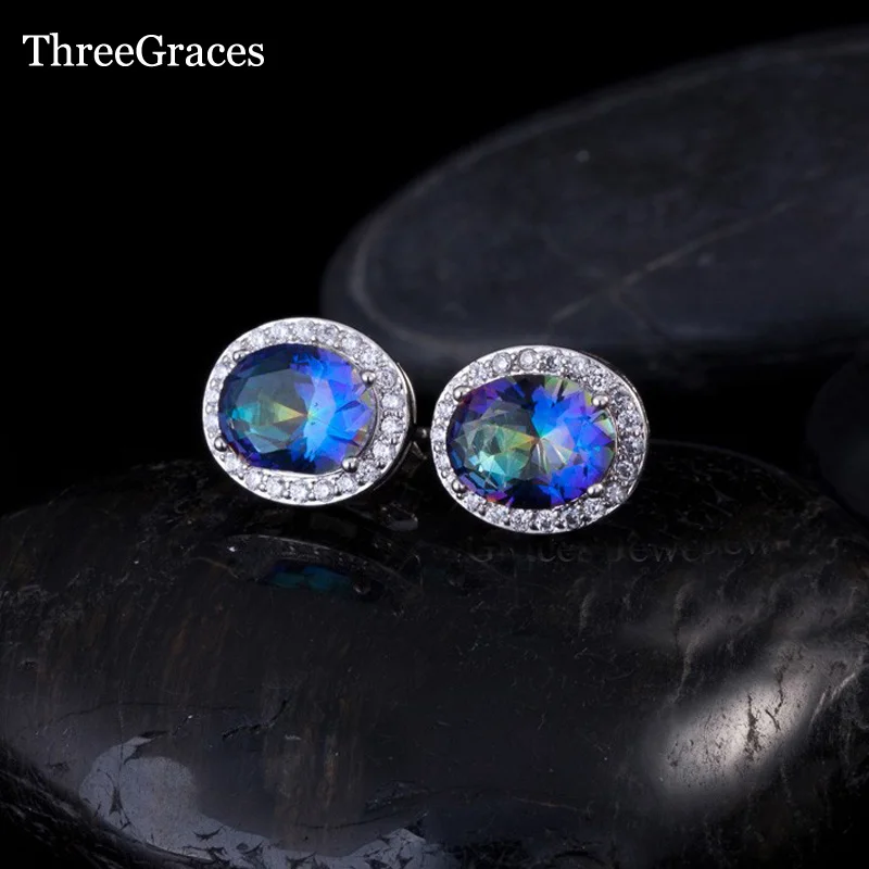 ThreeGraces натуральные радужные мистические Синие Ювелирные изделия вокруг сверкающих CZ проложить новые стильные серьги-гвоздики для дам подарок ER205