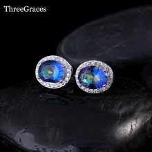 ThreeGraces натуральные радужные мистические Синие Ювелирные изделия вокруг сверкающих CZ проложить новые стильные серьги-гвоздики для дам подарок ER205
