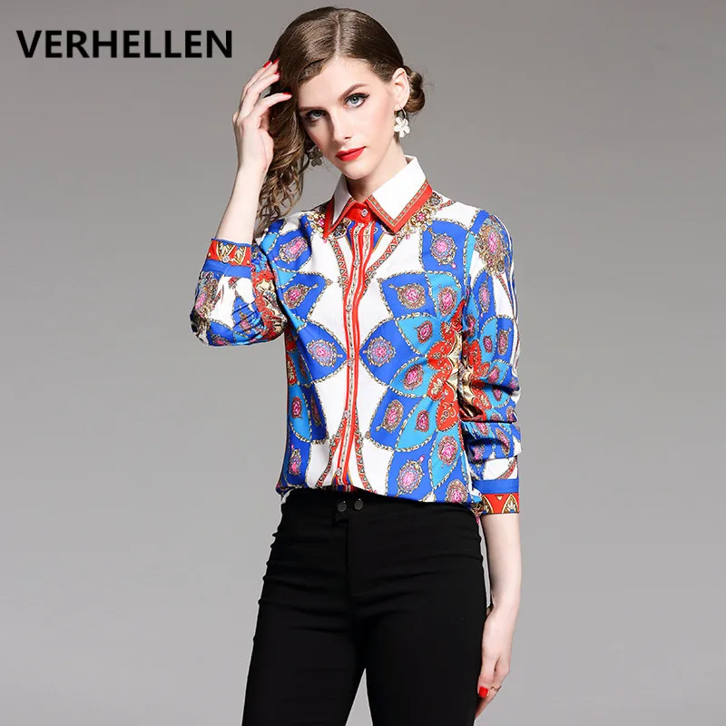 

VERHELLEN High Quality Runway Designer Shirts 2019 Autumn Women Long Sleeve Positioning Print Vintage Blouse Tops Casual Female