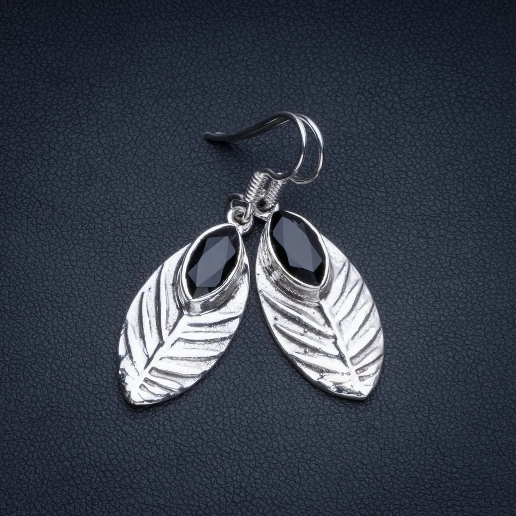 

Natural Black Onyx Boho Style 925 Sterling Silver Drop Earrings 1 1/2" R1802