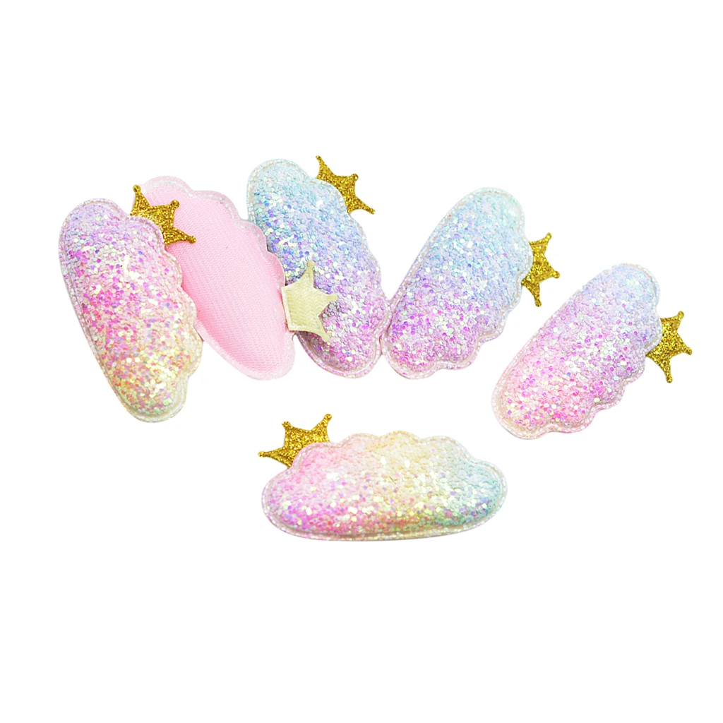 6pcs Rainbow Kawaii Padded Glitter Cloud Crown Patches Applique For Clothes Sewing DIY Baby Girl Hair Accessories Craft Decor