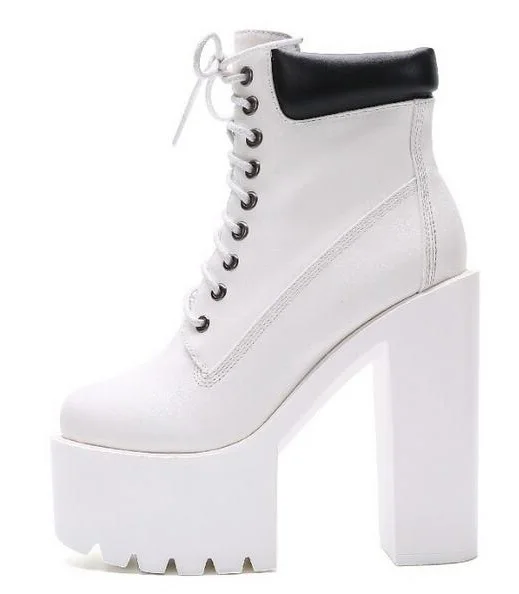 

Punk Style Women Boots Winter Square Heels High Platform Lace-up Ankle Bootie Round Toe Thick Rubber Sole Motorcycle Boots