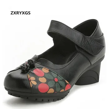 

2019 New Spring Shoes Woman High Heels Non-slip Breathable Printing Cow Leather Shoes Casual Fashion Shoes Wedding Women Shoes