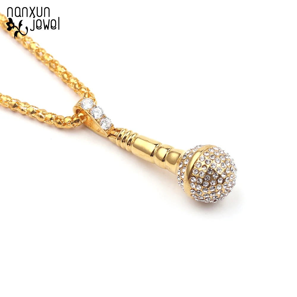 

Men Crystal Microphone Drop Necklace zirconia Choker Gold color Chain Pendant Necklace Punk Hip Hop Men Jewelry Femme Bijoux