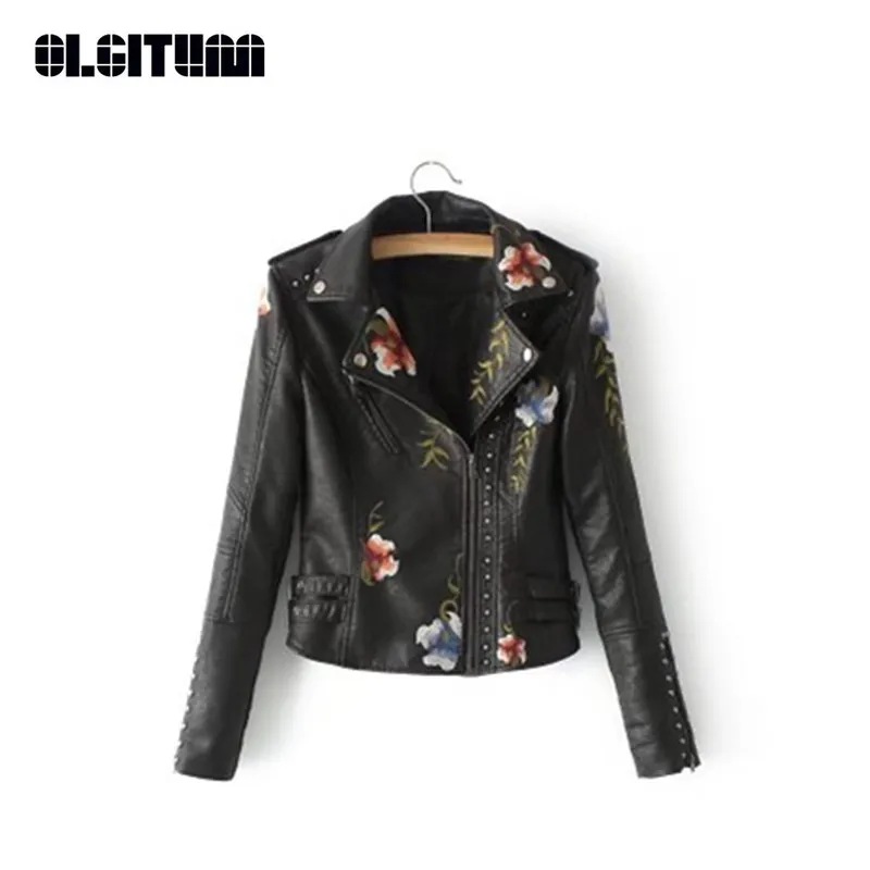 

New Fashion 2018 Autumn Flower Embroidery Rivet Zipper Pu Leather Jacket Turn Down Collar Cool Outerwear Coats Female JK591
