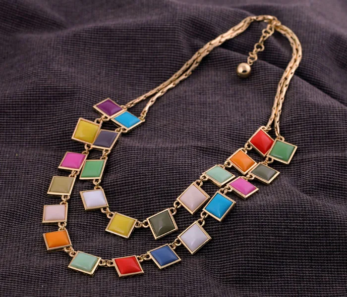 

Women Colorful Square Resin Maxi Necklace Indian Fashion Double Layers Women Necklace Luxury Jewelry
