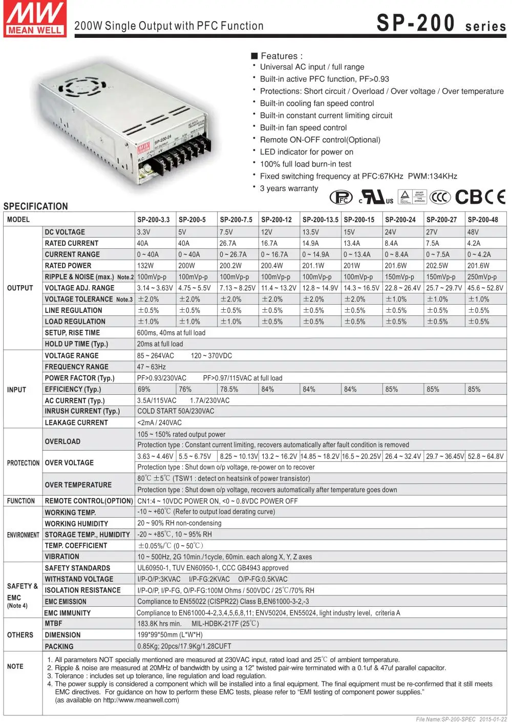 Meanwell SP-200-5 5 в 40 А meanwell SP-200 5 В 200 Вт Один выход с PFC Функция питания