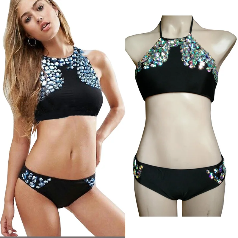 collo alto bikinis donne sexy costumi da bagno brasiliani bikinis impostato con glitter strass spiaggia nuove