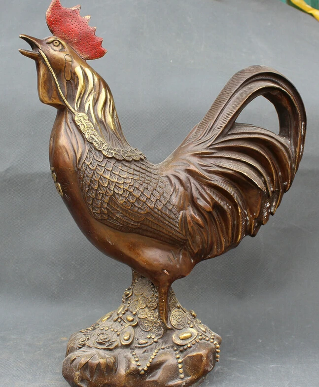 

song voge gem S5978 18" Chinese Fengshui Bronze Gilt Zodiac Year Rooster Money Wealth Coin Statue