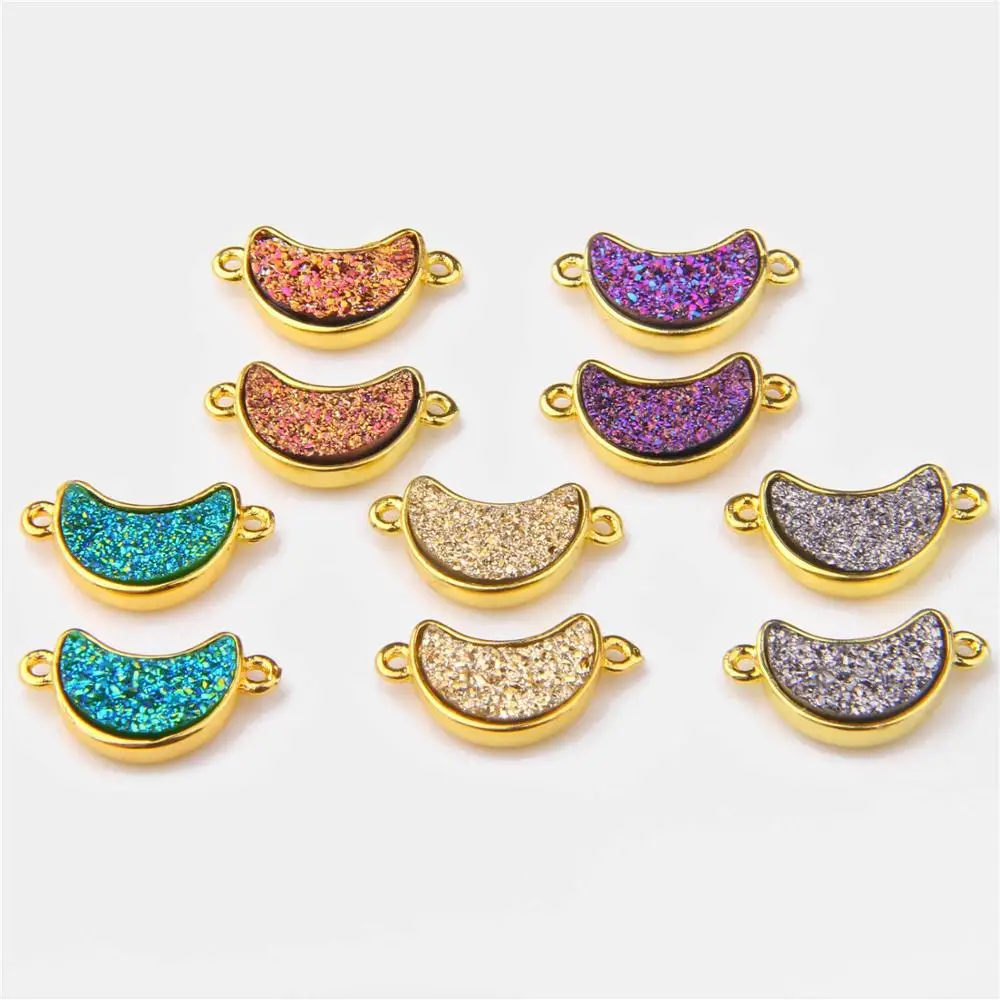 

10 Pieces 10.2*18.4 mm Natural Agates Meniscu Pendant Golden Connector Druzy Agates Charm For Woman Jewelry Bracelets & Necklace