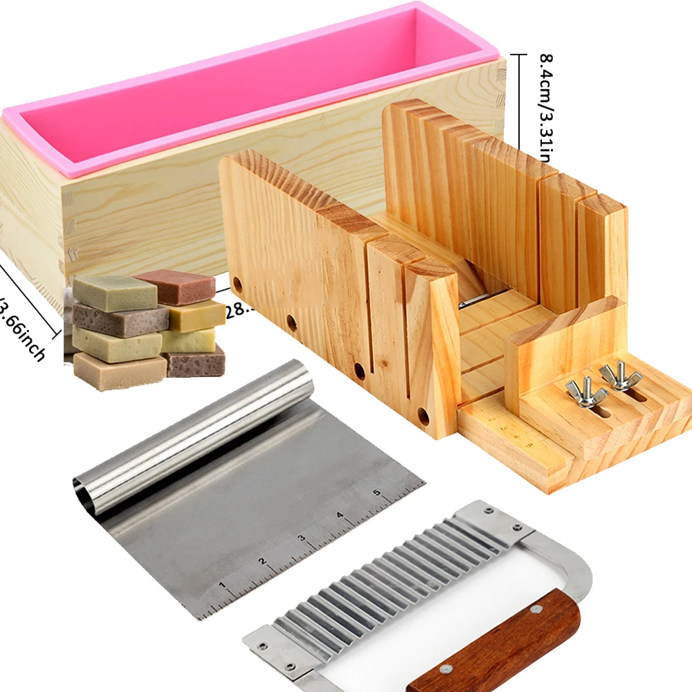 

4pcs Silicone Mold Soap Making Tool Set Adjustable Wooden Loaf Cutter Box 2 Pieces Stainless Steel Blades for DIY Handmade Soap