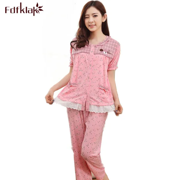 M 3XL Spring Summer Print Pyjamas Women Pajama Sets Short Sleeve