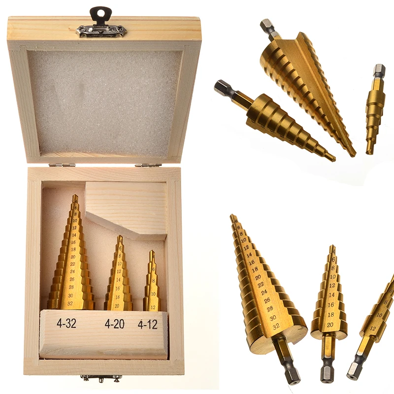 3PCS Step Drill Power Tools 4 12/20/32mm Drill Bit Wood Countersink HSS Step Drill Bits Set