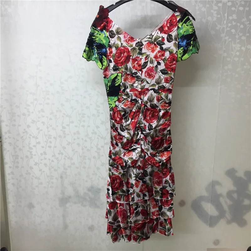 Шелковое платье для Для женщин короткий рукав с принтом v-образным вырезом оболочки Высокое качество леди платье 2018 новый A-Line женское
