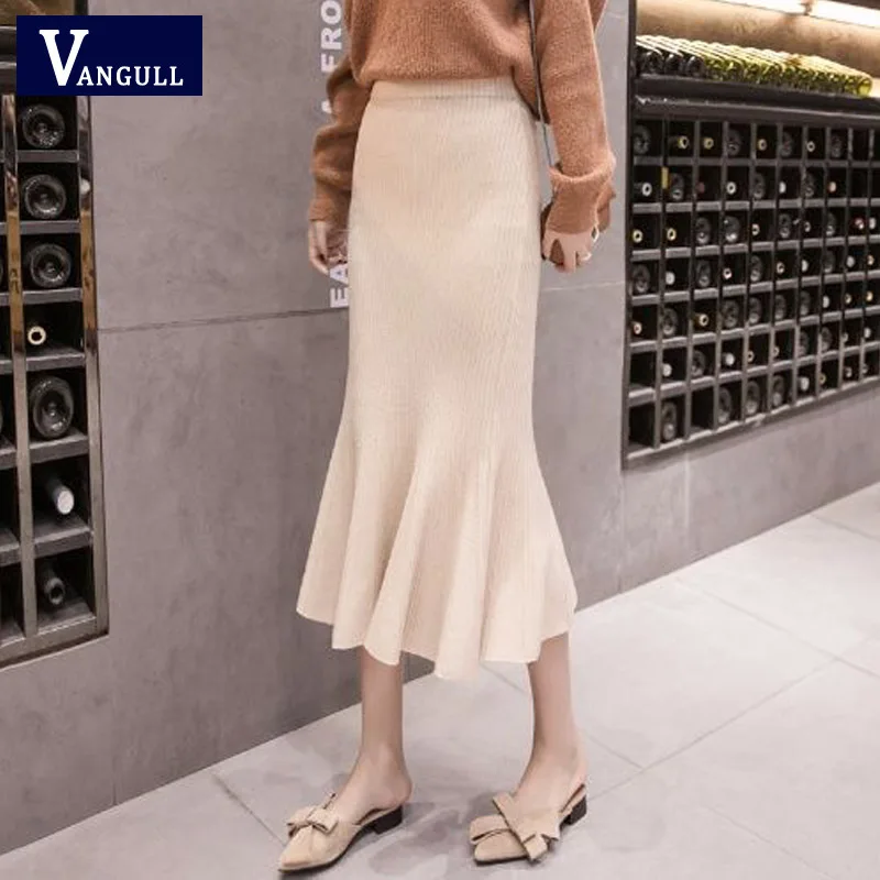 

Vangull Elegant Autumn Winter Knit Skirts 2019 Women Sweater Bodycon Mermaid Office Lady Work Wear Ruffles Skirt saias faldas