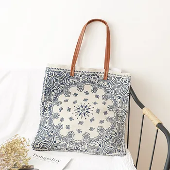 

Women Canvas Shoulder Bag Retro ethnic style Printing Ladies Shopping Bag Feminina Simple Eco Pure Cotton Cloth Handbag Tote