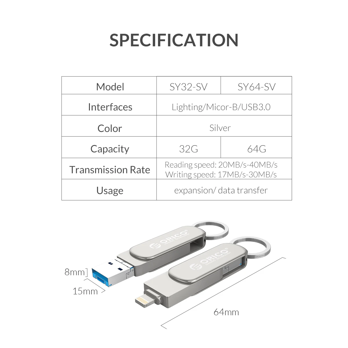 ORICO USB флэш-накопитель 64G 32G 3 в 1 U диск освещения Micro B USB3.0 интерфейс флэш-диск поддержка для IOS/Andriod/PC систем