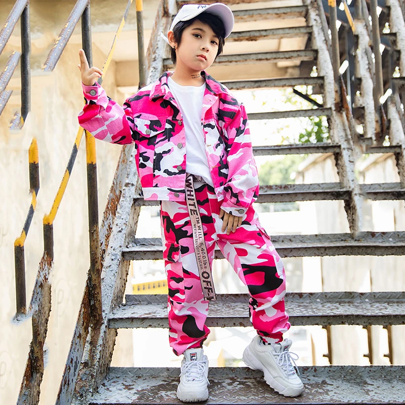 Дети Джаз танцевальные костюмы розовый камуфляж верхняя одежда, куртка штаны хип-хоп комплект для мальчиков и девочек уличная Танцы