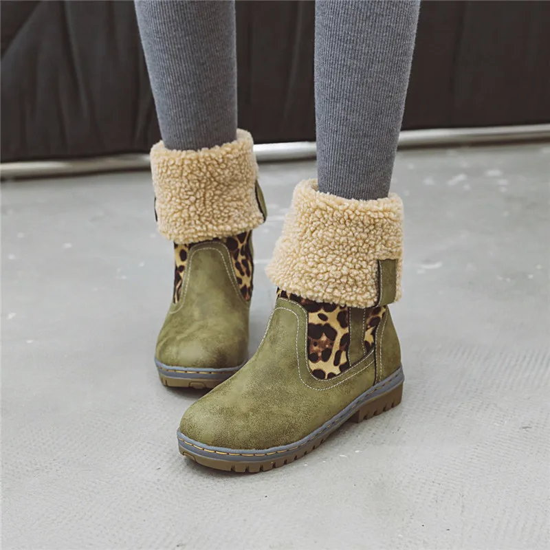 

YMECHIC Army Green Yellow Black Leopard Vintage Low Heel Snow Boots Warm Plush Mid Calf Folding Fur Boots Plus Size Womens Shoes