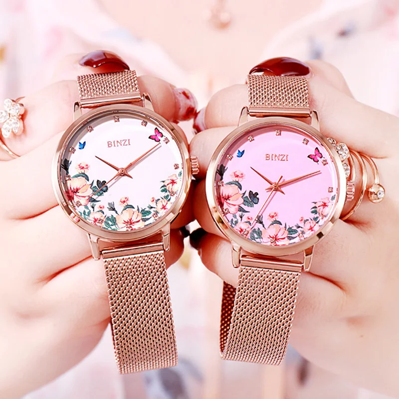 

Women Quartz Watch Luxury Brand Fashion Creative Flower Pattern Watch For Ladies Rose Gold Romantic Pink Clock Relogio Feminino