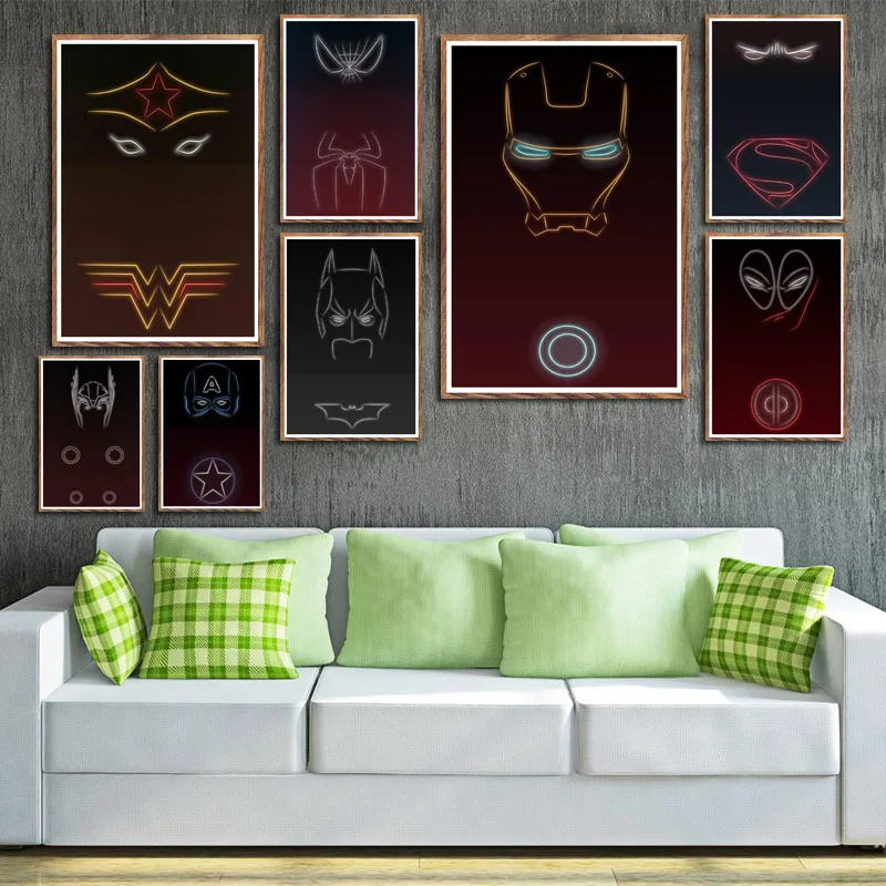 

P347 Superhero Logo Iron Man Superman Batman Flash Spider-Man Wolverine Art Painting Silk Canvas Poster Wall Home Decor