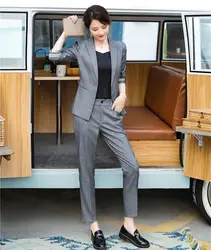 Сезон: Весна-Лето Дамы Серый блейзер для женщин бизнес костюмы с брюки и куртка наборы для ухода за кожей рабочая одежда форменны