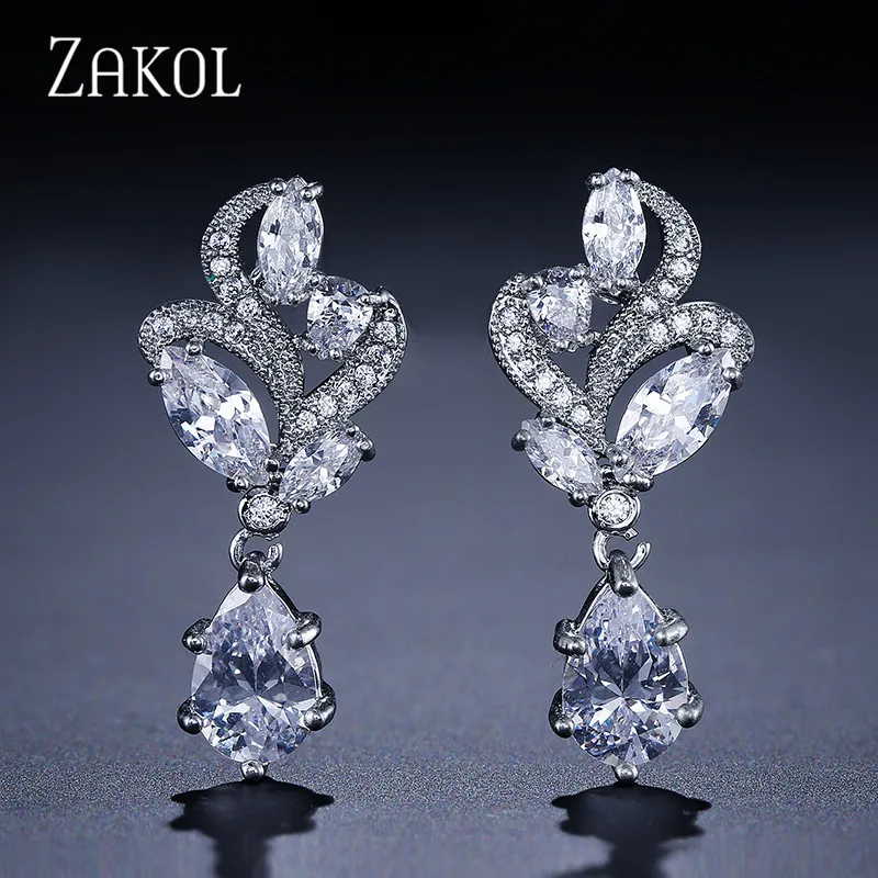 

ZAKOL Elegant Fashion Marquise Stone Cluster Flower Pear Shape Cubic Zirconia Dangle Drop Earring For Wedding FSEP263