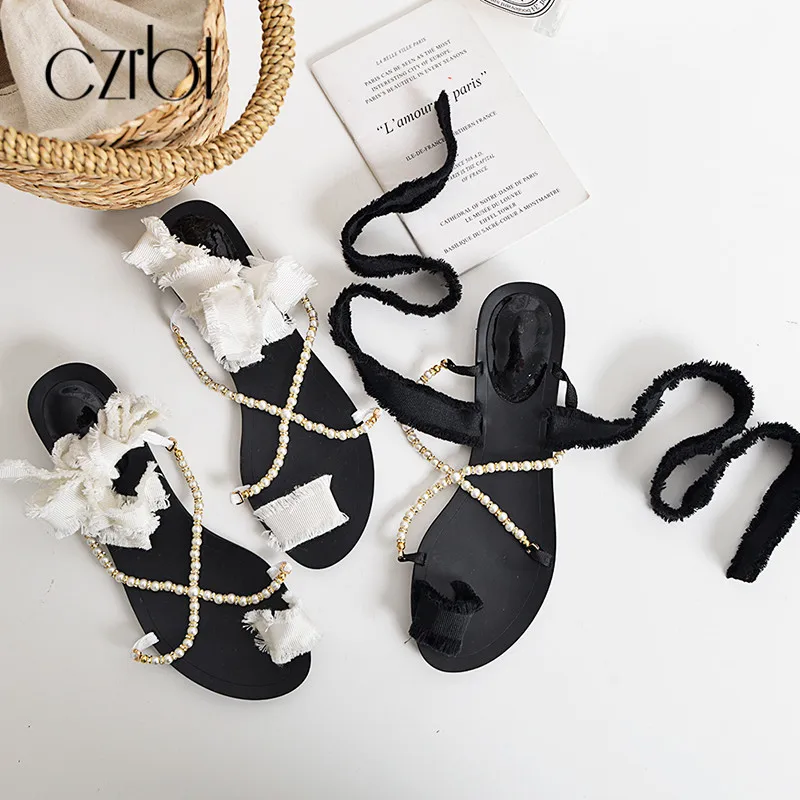 Fesselriemen Lässig Frauen Strand Gladiator Schuhe Sommer Sandalen Czrbt Black Hochwertigem white Perle Flache Baumwollgewebe dCTvUWWcn