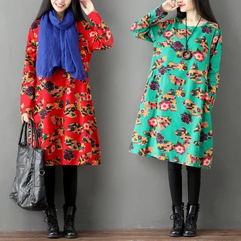 

New Autumn and Winter Traditional Easy Long sleeves Cotton and Linen Woman National Wind Costume Printing Dress NY1881817