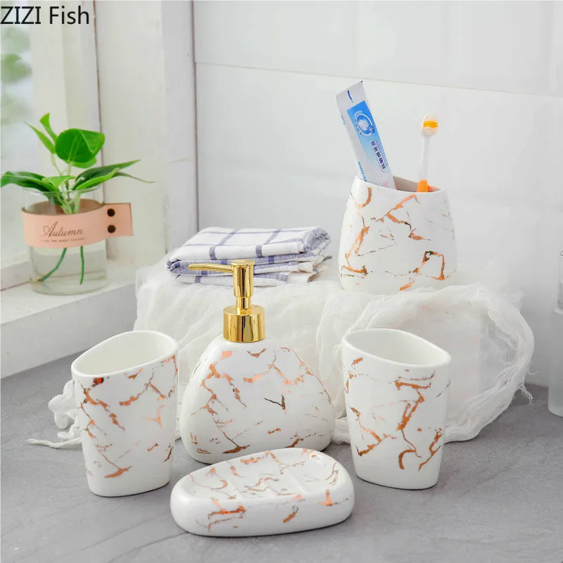 Скандинавский стиль имитация мрамора золотой узор керамика ванная комната шесть частей набор свадебный подарок принадлежности для ванной комнаты