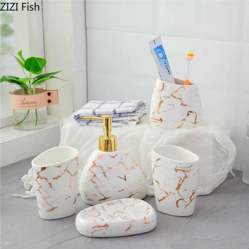 

Nordic Style Imitation Marble Gold Pattern Ceramics Bathroom Six-piece Set Wedding Gift Home Bathroom Supplies