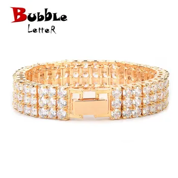 

3 Row Zircon Bracelet Tennis Chain Men's Hip hop Jewelry Copper Material Gold Color Box Clasp CZ Bangle 17.5cm