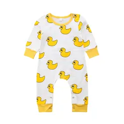 Оптовая продажа новорожденных Для маленьких мальчиков девочек желтая утка комбинезон наряд Детская Хлопковая одежда с длинным рукавом 0-24
