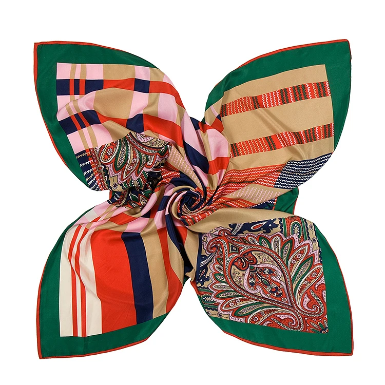 

100cm*100cm New Arrival 100% Twill Silk hit color striped Floral pattern sub-heavy silk twill square scarf Hot Sell 3106