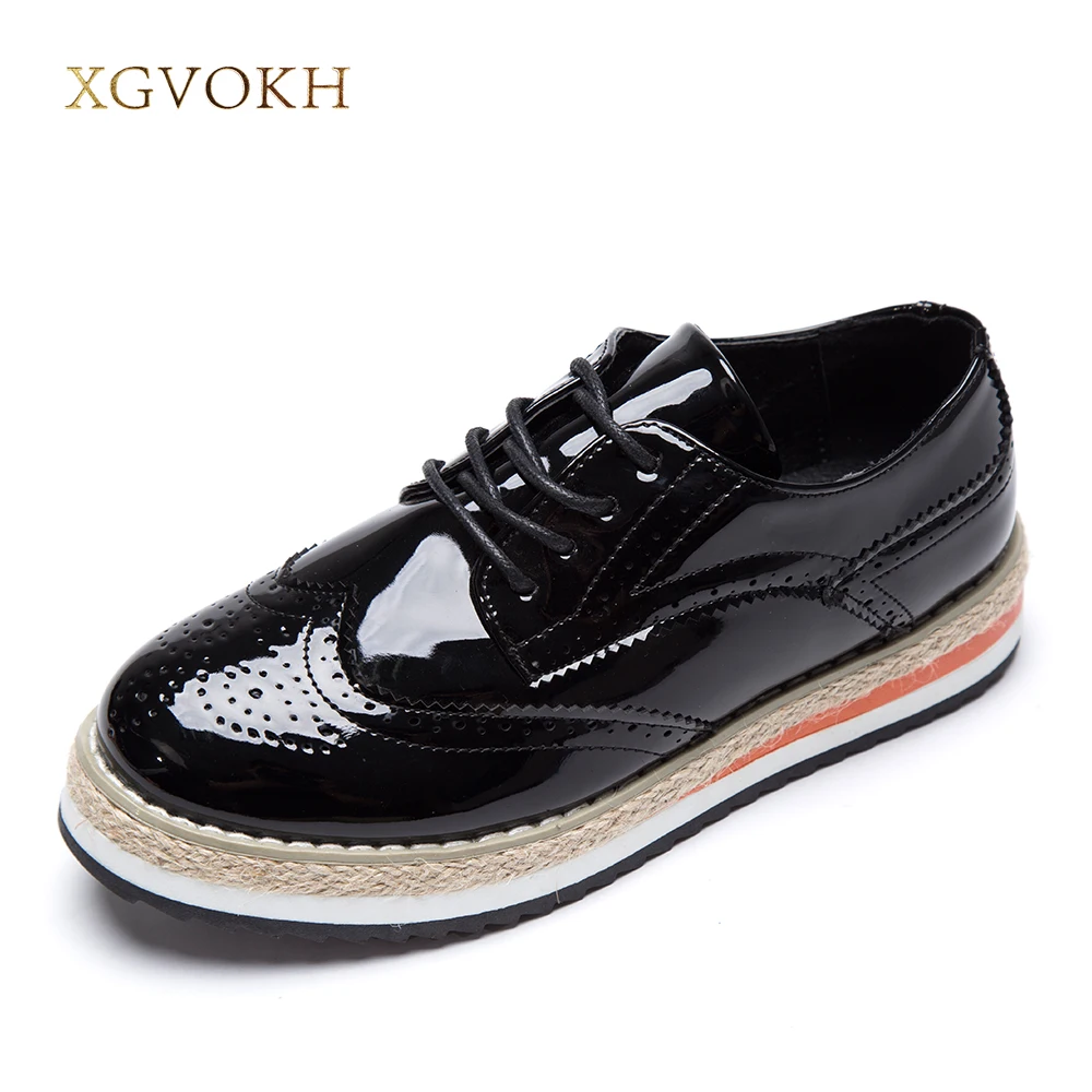 

XGVOKH Women's Flats Leather Fashion Shoes Women Platform Lace-Up Wingtips Square Toe Oxfords Shoe
