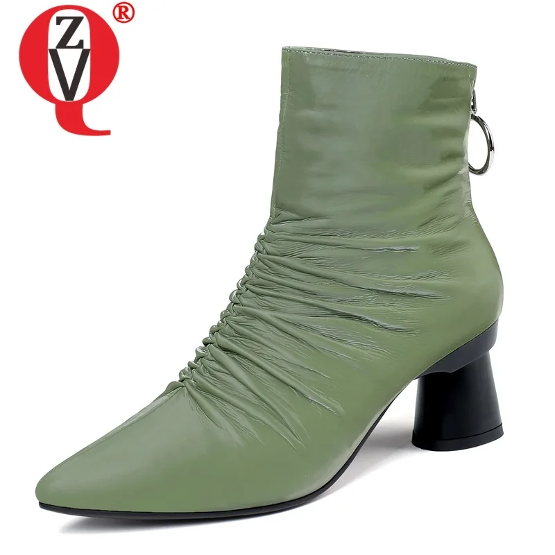 

ZVQ woman shoes winter new fashion pointed toe genuine leather ankle boots outside high heels zip plus size shoes drop shipping