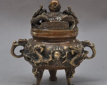 

chinese fengshui bronze Dragon Play Bead beast foot statue incense burner Censer