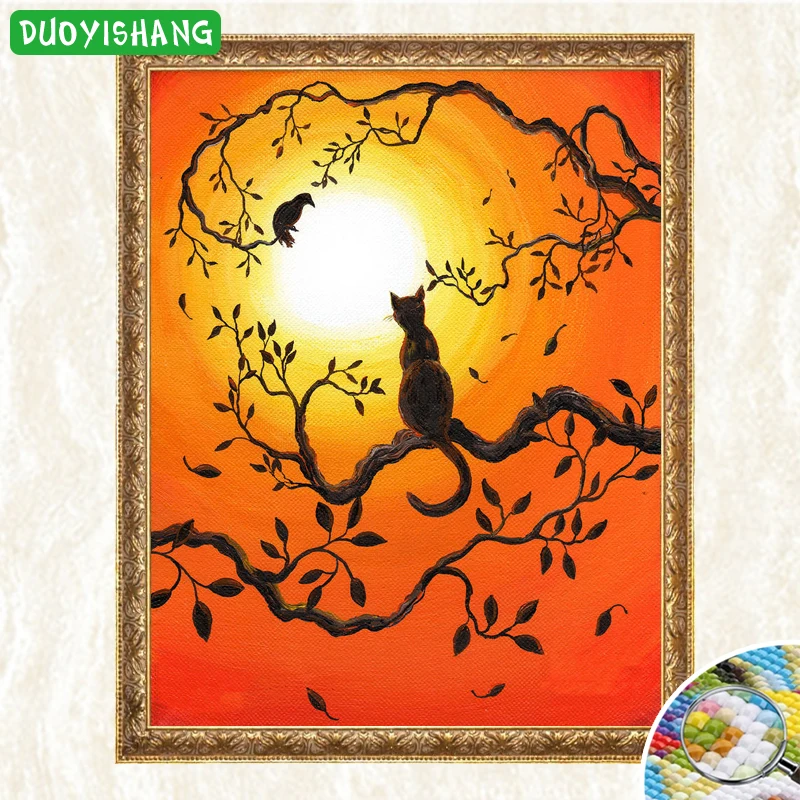 

DUOYISHANG Cat Standing On the Tree Sunset 5D Diamond Painting Full Square Diamond Embroidery Sale Mosaic Picture of Rhinestones