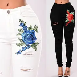 Мода 2019 г. Кнопка fly длинные штаны цветочный принт карманов Дырчатые джинсы пикантные однотонные удобные женские джинсы