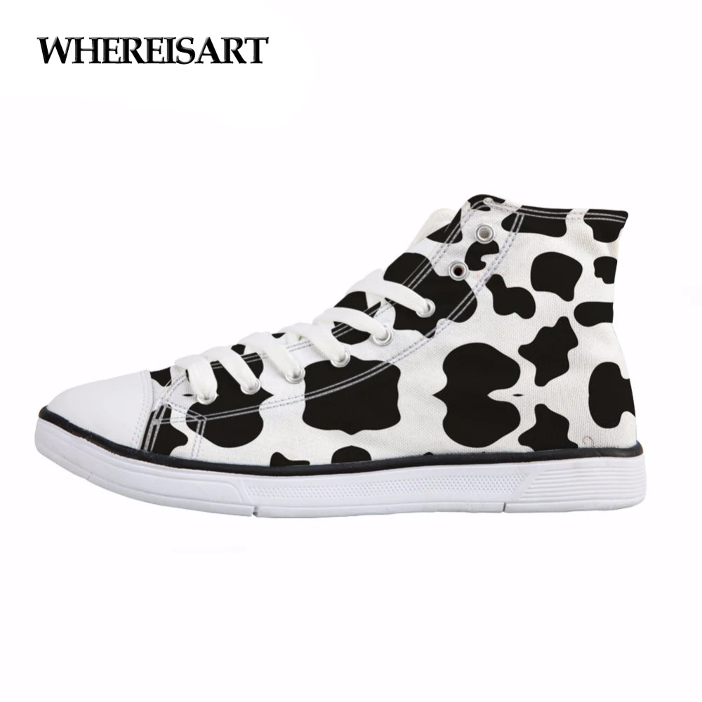 

WHEREISART Hand-painted Women Shoes 2019 Spring Canvas Sneakers Cow Printed Espadrilled Girls Board Shoes Casual Lace-up Flats