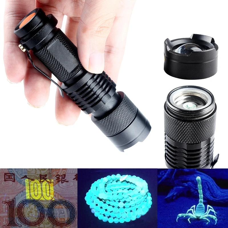 

Zoomable LED UV Flashlight 395nm Portable Waterproof Purple Ultra Violet Light Blacklight UV Torch Lamp AA/14500 Camping Lantern
