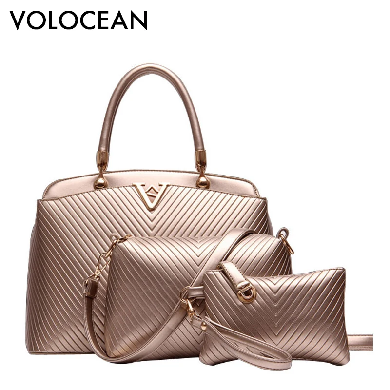 

Volocean Brand 2017 Hot Fashion Women's Handbags PU Leather Composite Bag Striped embossed Women Bags 3 Pieces Set