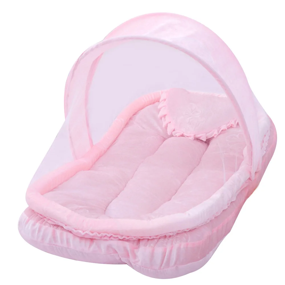 Переносная кроватка для сна для новорожденных, новая складная детская кроватка для детей 0-3 лет, детская кровать с коврик на подушку, комплект, портативная складная кроватка с сеткой - Цвет: Розовый