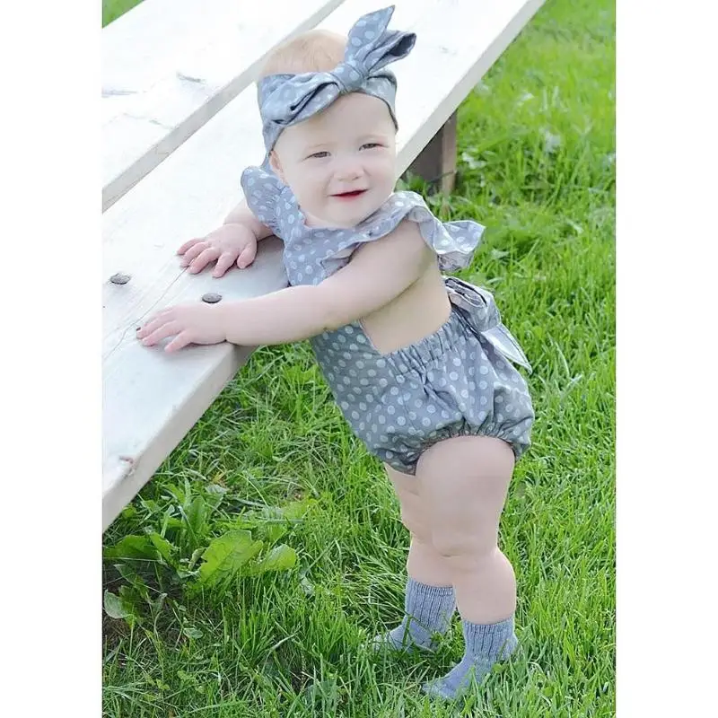 

2pcs/Set Fashional Lovely Polka Dot Baby Girls Clothes Fly Sleeve Romper Jumpsuit Bowknot Headband for Girls Birthday gift