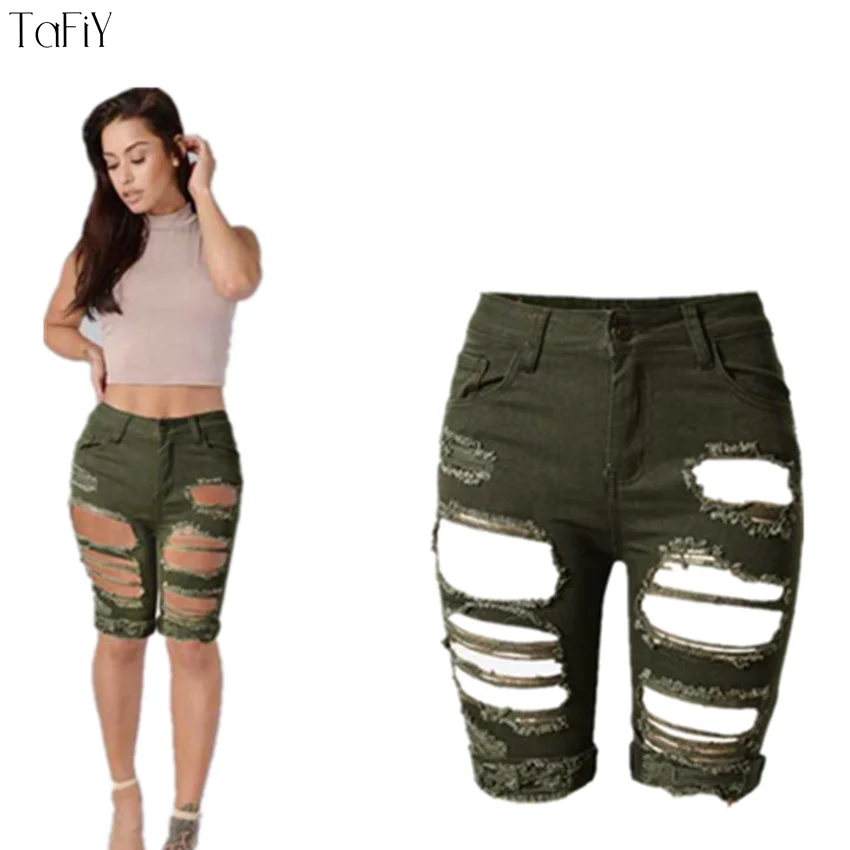 TaFiY Summer Demin Shorts Women Jeans Army Green Ripped Holes Pants