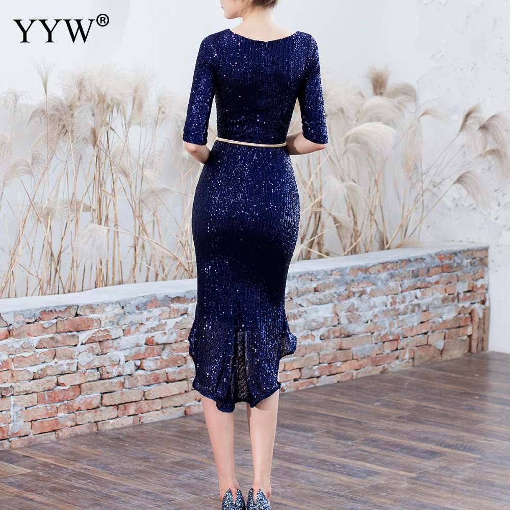 Sequins Cocktail Dresses New Arrival Sexy Half Sleeve Party Gown Bodycon Vestido Slim Solid Ladies Elegant Formal Evening Dress