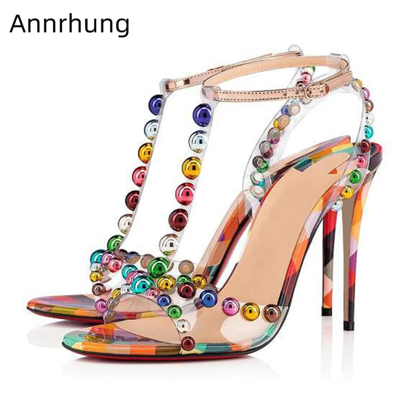 

Mixed Color Rivet Balls Summer Stilettos Women Sexy Transparent PVC Open Toe Thin Heel Sandals 2019 T-strap Sandalias Women