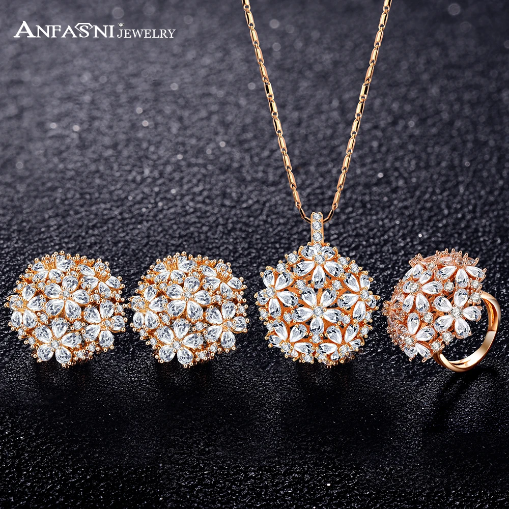 

ANFASNI New Arrival Romantic Cluster Flower Shaped With Clear CZ Jewelry Sets Gold Color Pendants/Earrings /Ring Jewelry Set
