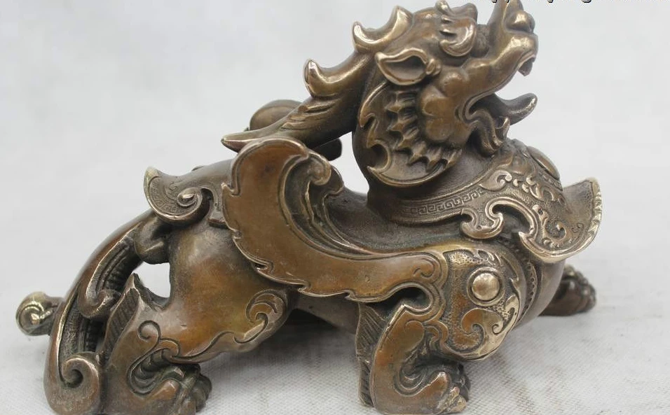 

5"Chinese Folk Pure Bronze excellent Lucky Foo Dogs Kylin unicorn Statue