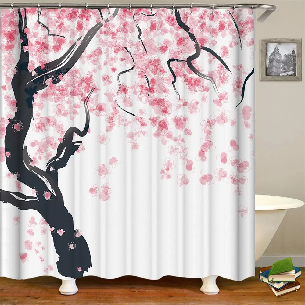 

Cherry Blossom Shower Curtain Decor Season Pink Flower Theme Polyester Fabric Bathroom Shower Curtain Set with Hooks